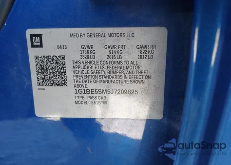 2018 Chevrolet Cruze Lt Auto из США, поврежденный, VIN 1G1BE5SM5J7209825